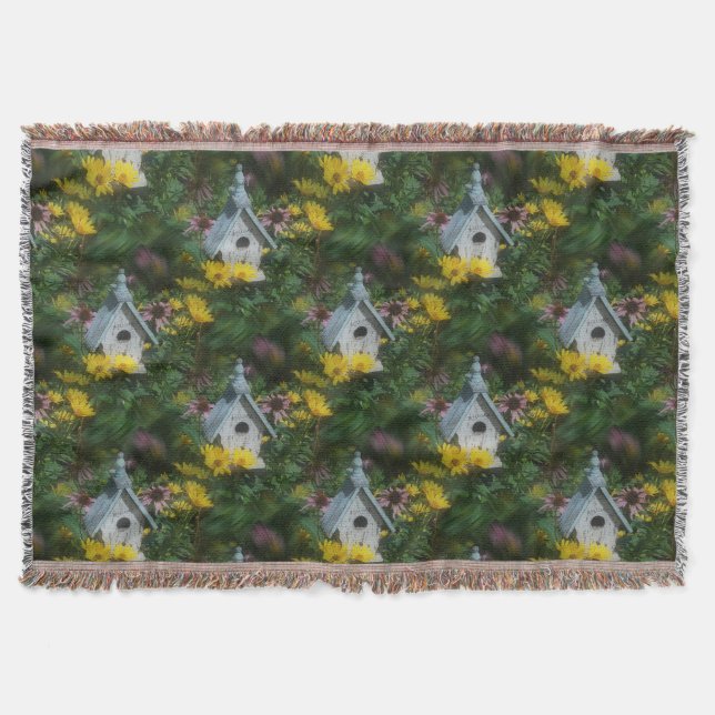 Flower Garden Birdhouse Nature Art Pattern Throw Blanket (Front)