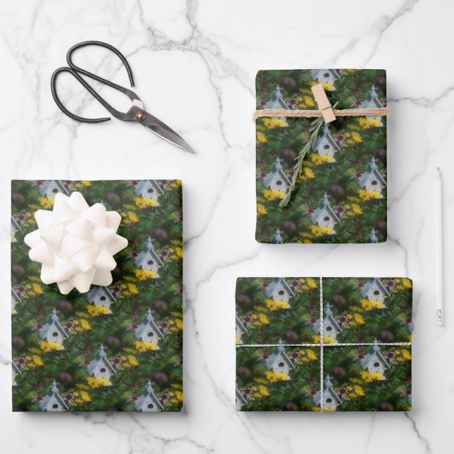 Flower Garden Birdhouse Nature Art Pattern  Wrapping Paper Sheets (Front)