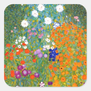 Flower Garden By Gustav Klimt Vintage Floral Square Sticker by GalleryGreats at Zazzle