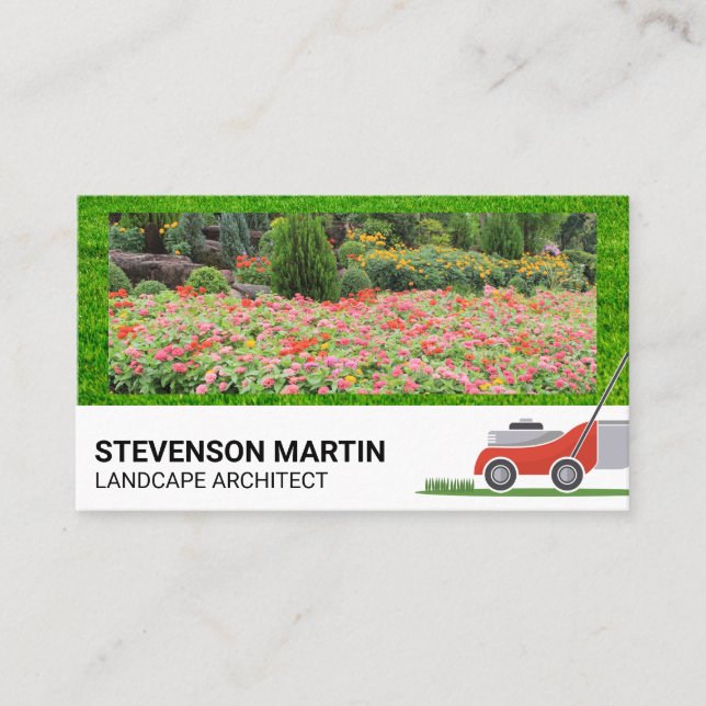Flower Garden | Cut Grass Lawn Mower Business Card (Front)