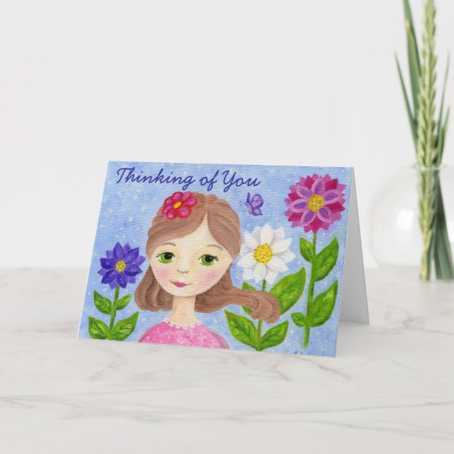 Flower Garden Girl thinking of you card (Front)