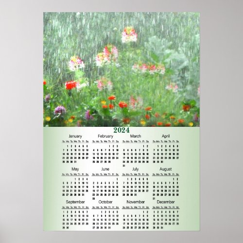 Flower Garden in Rain 2024 Floral Calendar Poster