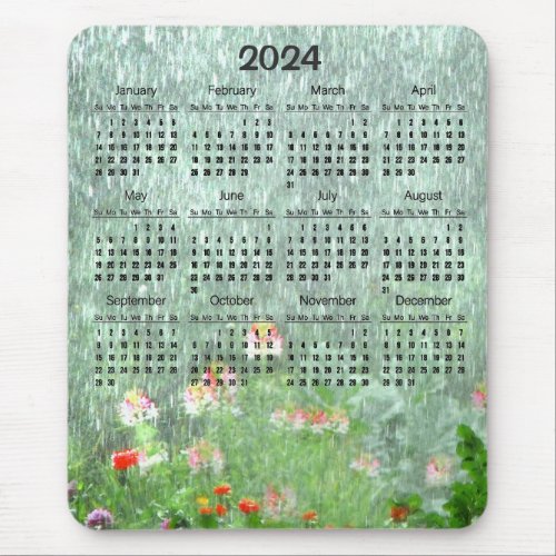 Flower Garden in Rain 2024 Green Floral Calendar   Mouse Pad