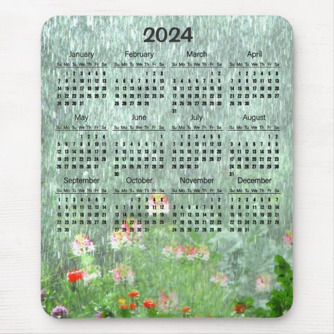 Flower Garden in Rain 2024 Green Floral Calendar 