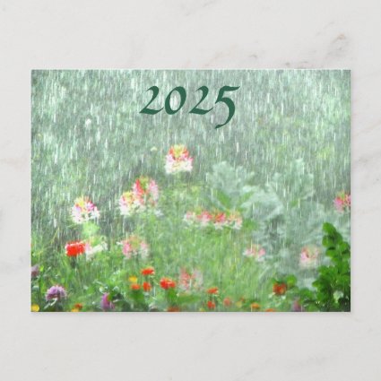 Flower Garden in Rain with 2025 Calendar on Back