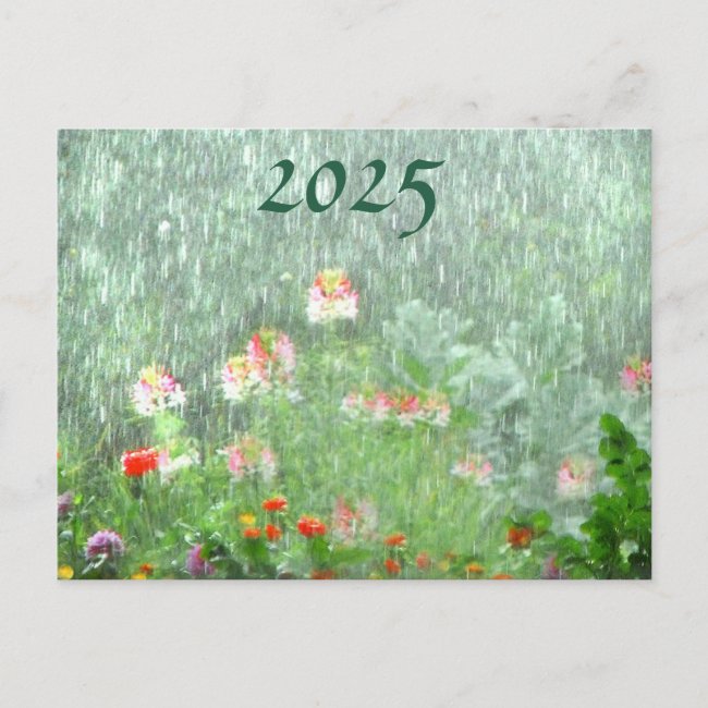 Flower Garden in Rain with 2025 Calendar on Back