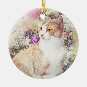 Flower Garden Kitty Abstract Watercolor Ceramic Ornament
