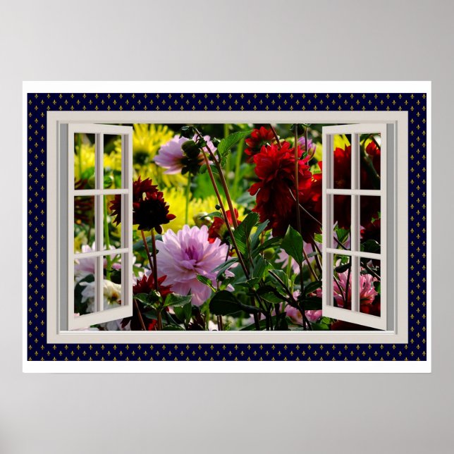Flower Garden, Open Window, Dahlias Poster (Front)