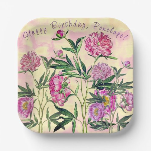 Flower Garden Peonies Happy Birthday Personlized Paper Plates