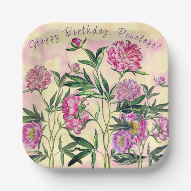 Flower Garden Peonies Happy Birthday Personlized Paper Plates (Front)