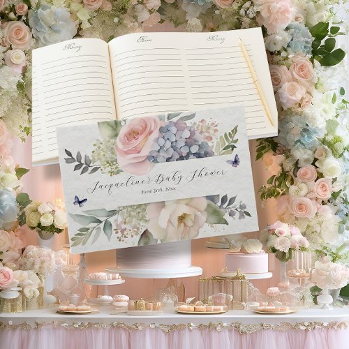 Flower Garden Pink Rose Blue Hydrangea Baby Shower Guest Book