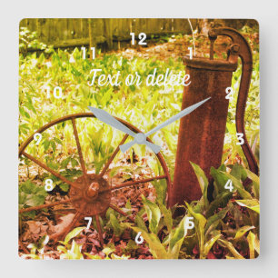 Flower Garden Rusty Wheel And Pump Art Square Wall Clock