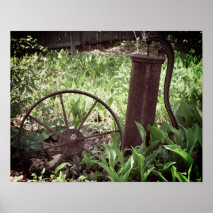 Flower Garden Rusty Wheel And Pump  Poster