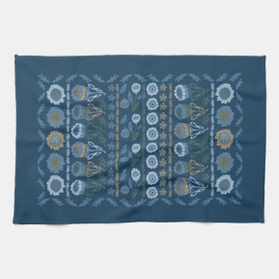 Flower garden Tea Towel, dark & light blues, brown Kitchen Towel