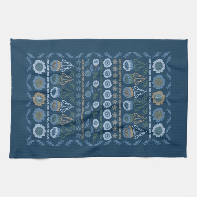Flower garden Tea Towel, dark & light blues, brown Kitchen Towel (Horizontal)