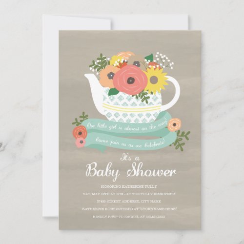Flower Garden Teapot Baby Shower Invitation