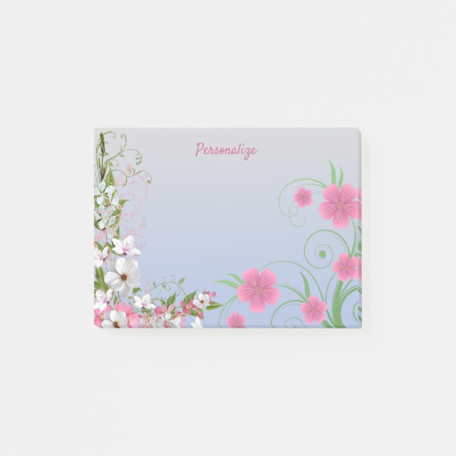 Flower Garden White & Pink Floral Personalized Post-it Notes (Front)