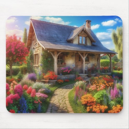 Flower Garden With Cottage Mouse Pad