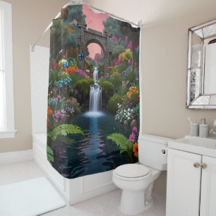 Flower Garden with tree blooms and butterflies Shower Curtain