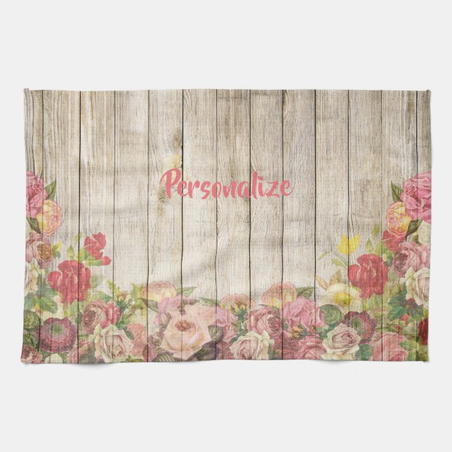 Flower Garden Wood Fence Stylish Personalize Kitchen Towel (Horizontal)