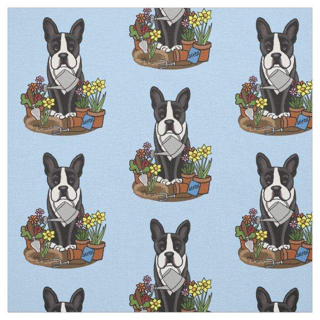Flower Gardener Boston Terrier (black) Cute Dog Fabric (Swatch)
