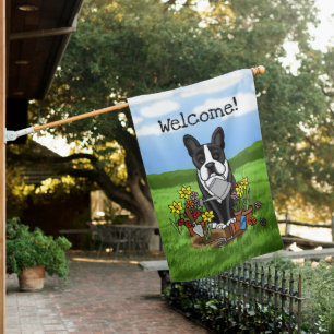Flower Gardener Boston Terrier (black) Dog Welcome House Flag