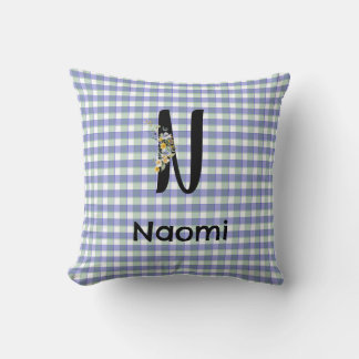 Flower gingham blue green Monogram pattern Throw Pillow