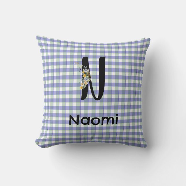 Flower gingham blue green Monogram pattern Throw Pillow (Front)