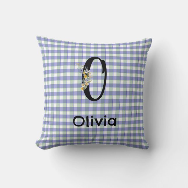 Flower gingham blue green pattern  Monogram Throw Pillow (Front)