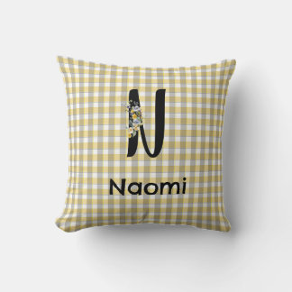 Flower gingham yellow grey pattern Monogram Throw Pillow