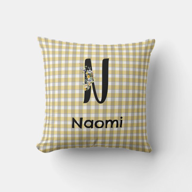 Flower gingham yellow grey pattern Monogram Throw Pillow (Front)