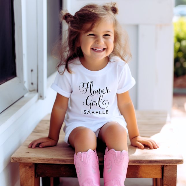 Flower Girl Black Modern Script Custom Wedding Baby T-Shirt (Creator Uploaded)
