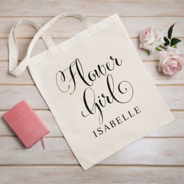 Flower Girl Black Script Personalized Wedding Tote Bag (Creator Uploaded)