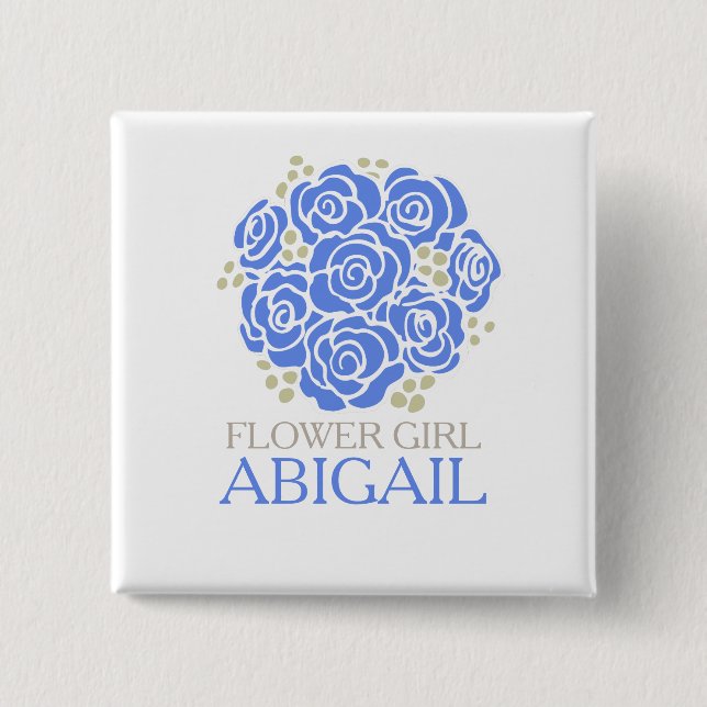 Flower girl blue posy named wedding pin button (Front)