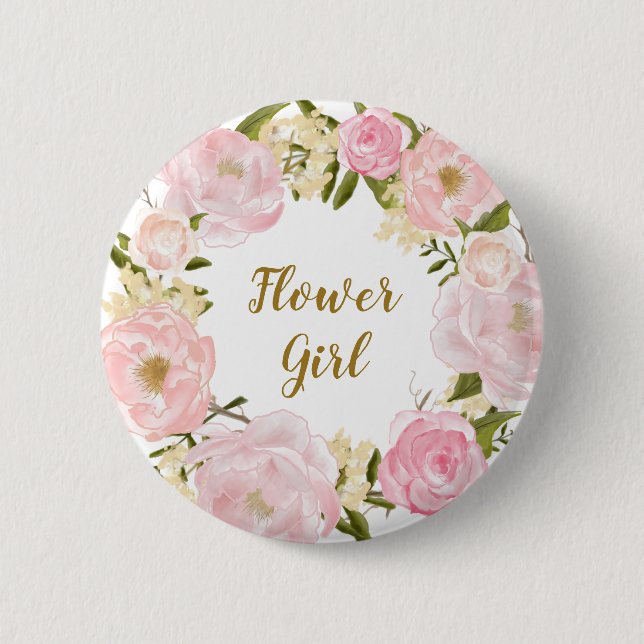 Flower Girl Blush Pink Floral Round Badge Button (Front)