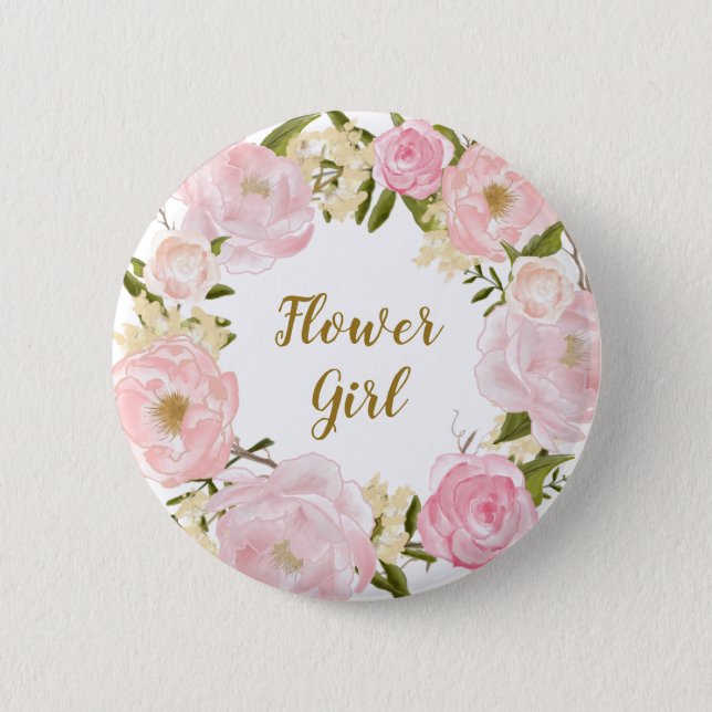Flower Girl Blush Pink Floral Round Badge Button (Front)