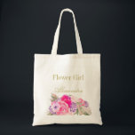 Flower Girl Bridesmaid  Floral Personal Tote Bag<br><div class="desc">A pretty rose floral  Personal  Flower Girl and Bridesmaid tote bag
The design is pink floral with a gold colored text that is easily changed to your information. 
The name is easily changed to make it your own custom tote bag  or personal gift.</div>