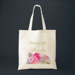 Flower Girl Bridesmaid  Floral Personal Tote Bag<br><div class="desc">A pretty rose floral  Personal  Flower Girl and Bridesmaid tote bag
The design is pink floral with a gold colored text that is easily changed to your information. 
The name is easily changed to make it your own custom tote bag  or personal gift.</div>