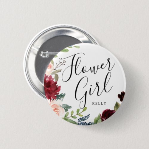 Flower Girl Burgundy Bouquet Custom Wedding Button