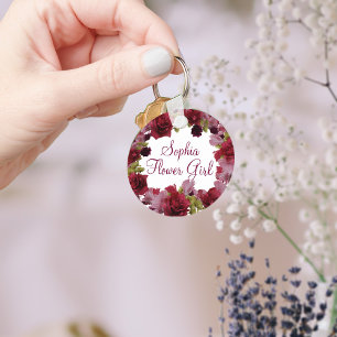 Flower Girl Burgundy Floral Wedding Favor Keychain