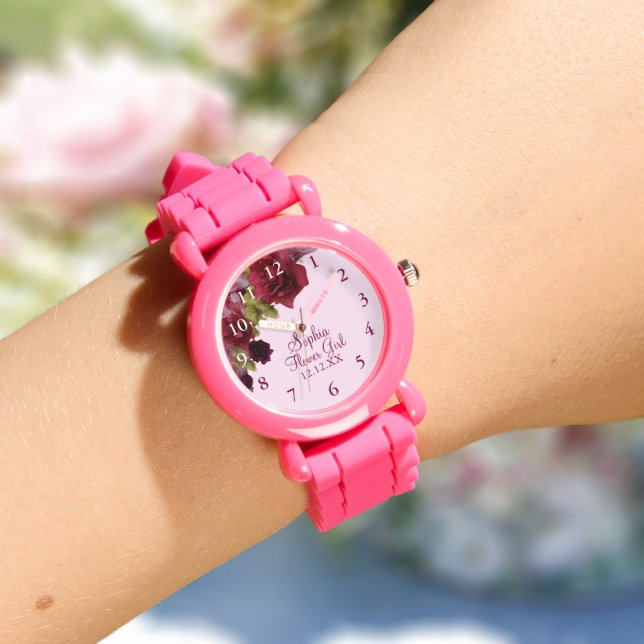 Flower Girl Burgundy Floral Wedding Favor Watch (Pretty watch for your Flower Girl or Junior Bridesmaid. Just add their name and your wedding date)