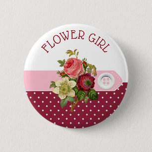 Flower Girl Burgundy Roses Wedding Button