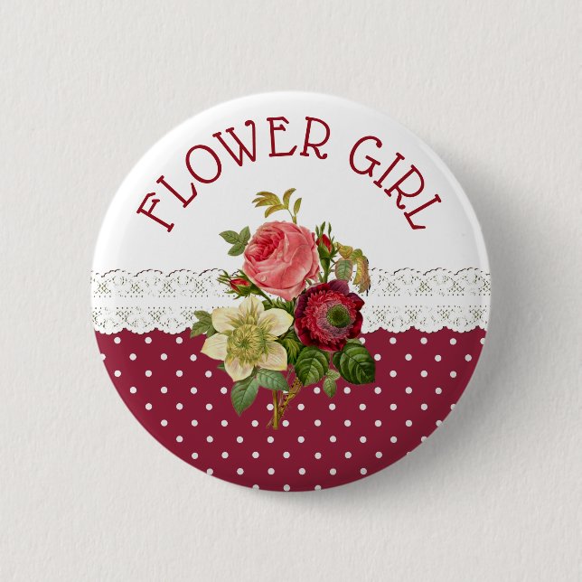 FLOWER GIRL Burgundy Roses Wedding Button (Front)