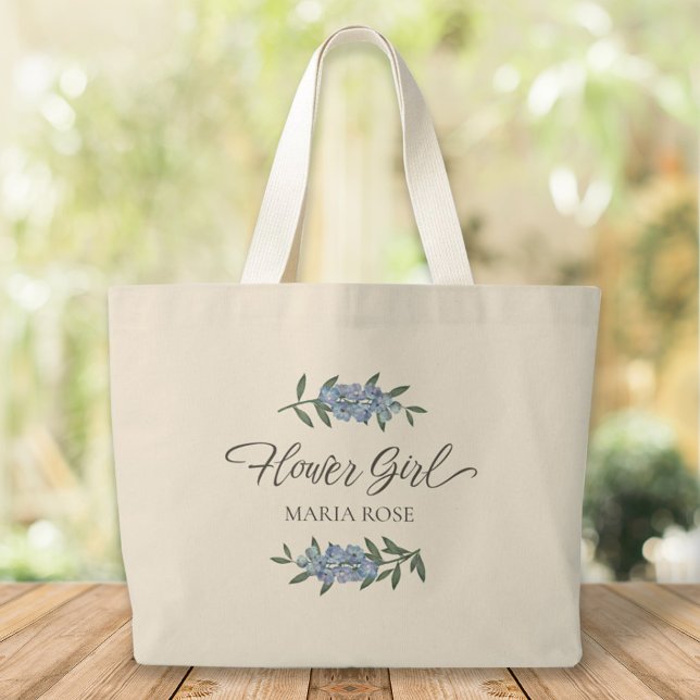 Flower Girl Cute Blue Floral Botanical Chic Large Tote Bag (Creator Uploaded)