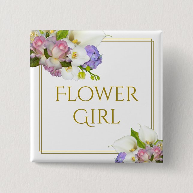 Flower Girl Elegant Chic Floral Pastel Wedding Button (Front)