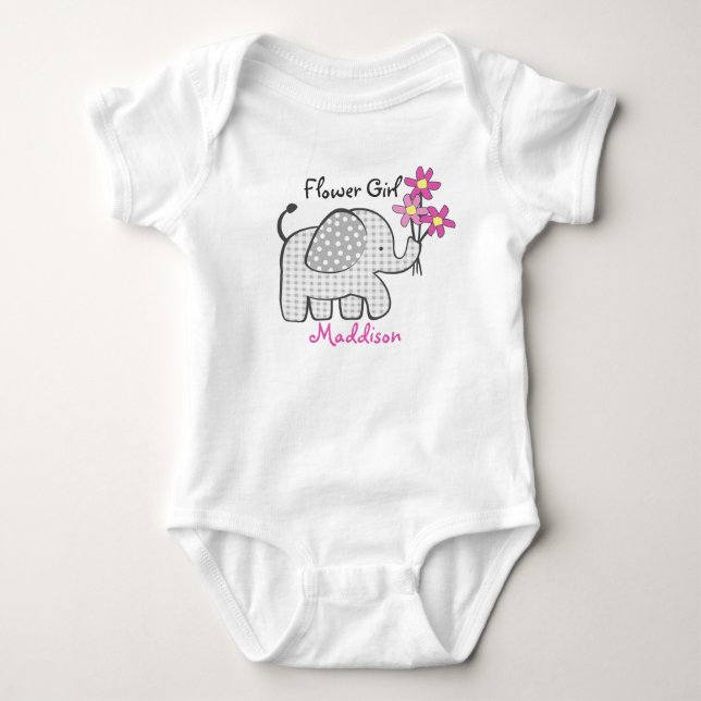 Flower Girl Elephant with Pink Flowers Baby Bodysuit (Front)