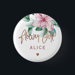 Flower girl floral pink copper bridal shower button<br><div class="desc">Glam elegant chic watercolor floral custom wedding button with copper glitter brushed handwritten like typography script,  pink magnolia petals,  mint green eucalyptus leaves,  and a small heart.           Easy to personalize with the flower girl's name.            Suitable for spring summer trendy modern glamorous wedding bridal parties.</div>