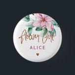 Flower girl floral pink copper bridal shower button<br><div class="desc">Glam elegant chic watercolor floral custom wedding button with copper glitter brushed handwritten like typography script,  pink magnolia petals,  mint green eucalyptus leaves,  and a small heart.           Easy to personalize with the flower girl's name.            Suitable for spring summer trendy modern glamorous wedding bridal parties.</div>