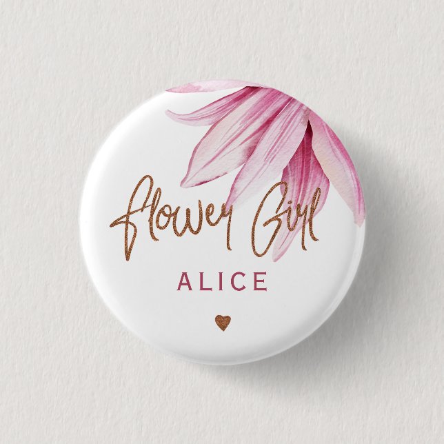 Flower girl floral pink copper bridal shower button (Front)