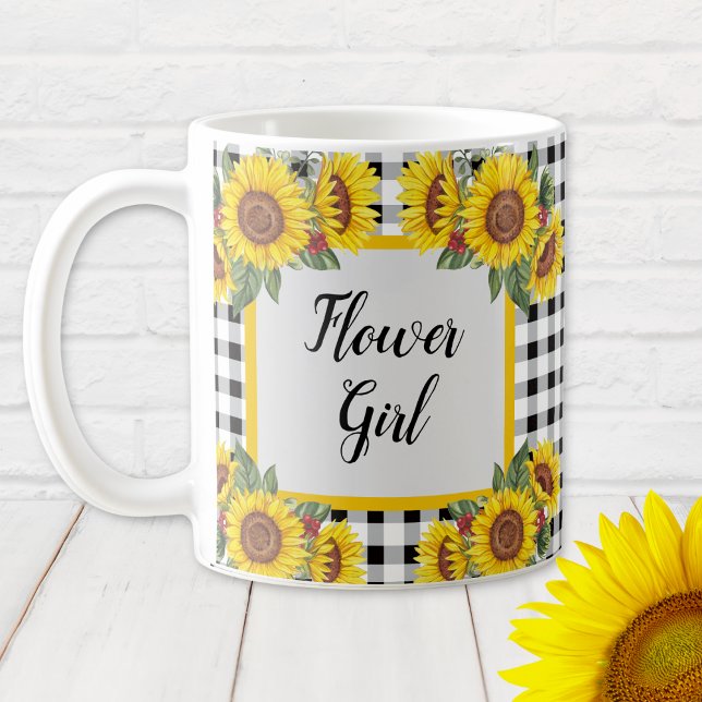 Flower Girl Gift -Personalized Sunflowers Mug (Flower Girl personalized Sunflowers and Gingham Bridal Shower Gift Mug)